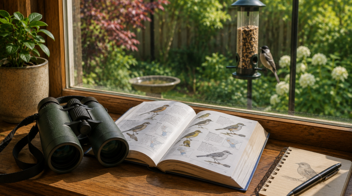 Illustration of binoculars, a field guide, and a birding journal