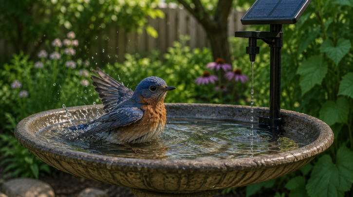 Illustration of a bird bathing in a pedestal bath with a water dripper