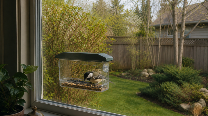 Illustration of a well-placed bird feeder near a window with nearby cover