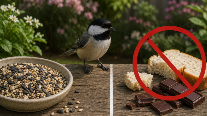 Illustration contrasting safe bird food with unsafe kitchen foods