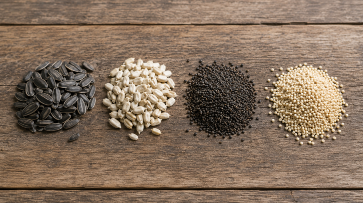 Illustration comparing black oil sunflower, safflower, nyjer, and millet birdseed