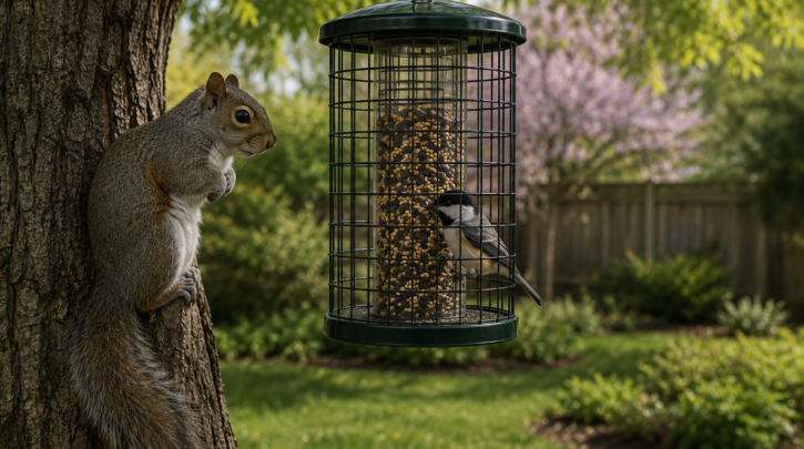 Illustration of a caged feeder excluding a squirrel while a small bird feeds inside