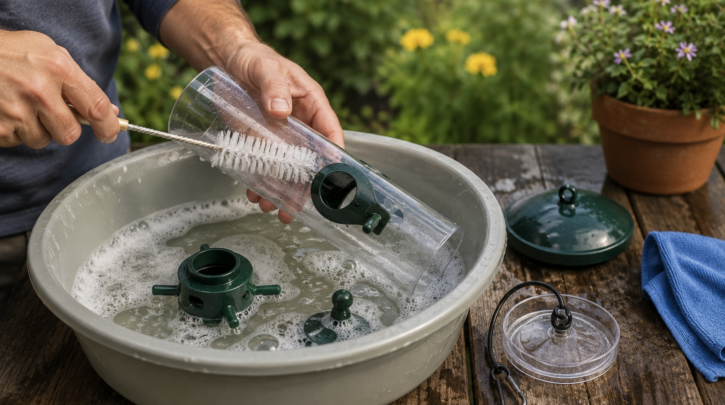 Illustration of cleaning a bird feeder with a brush and soapy water