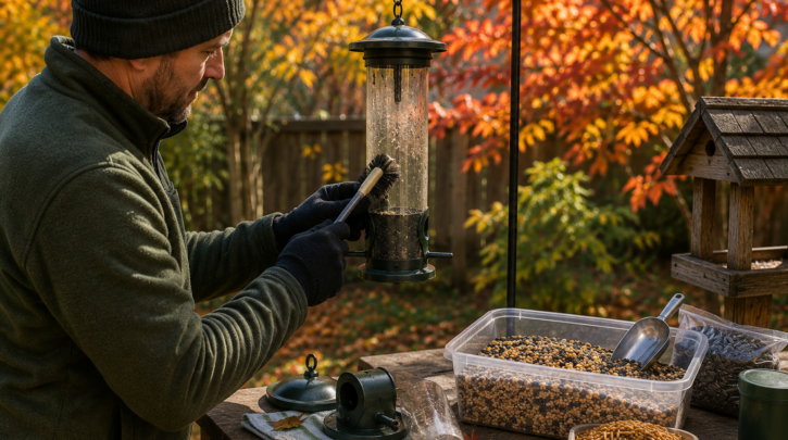 Illustration of preparing a bird feeding station for winter in fall