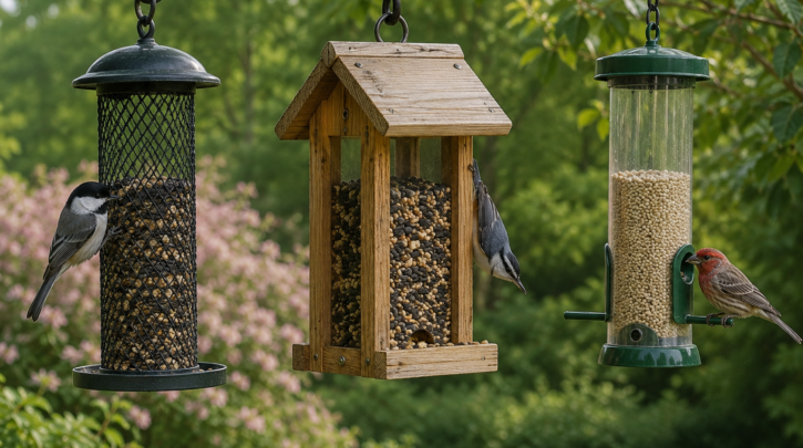 Illustration comparing metal, wood, and plastic bird feeder materials