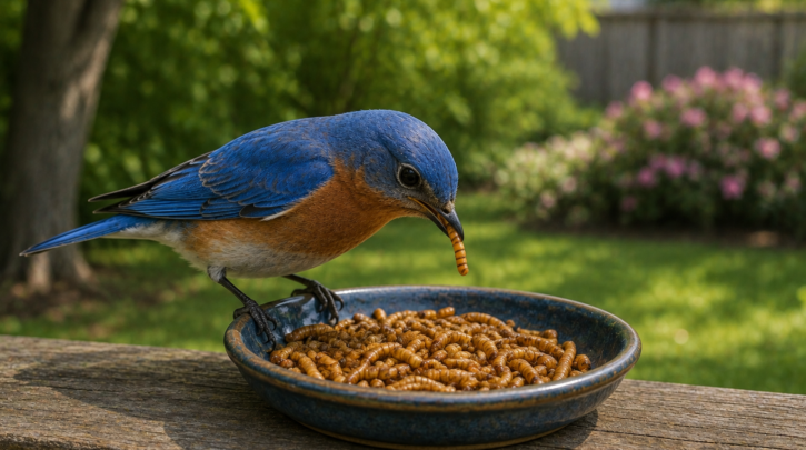 Illustration of a bluebird feeding on mealworms from a shallow dish