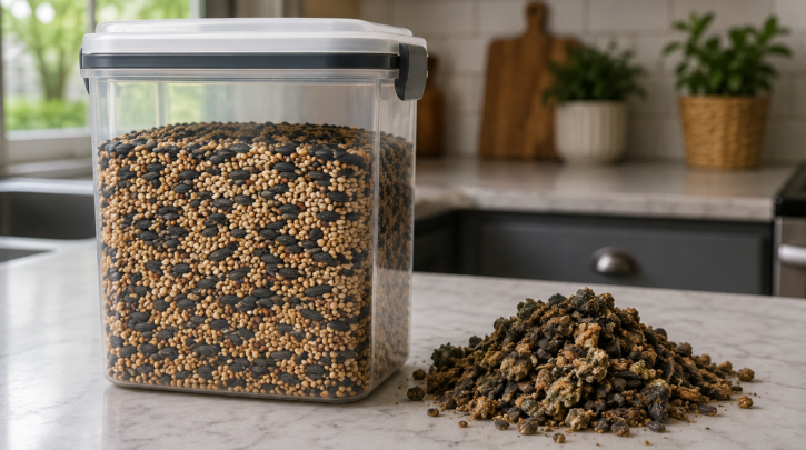 Illustration contrasting fresh stored birdseed with spoiled, moldy seed
