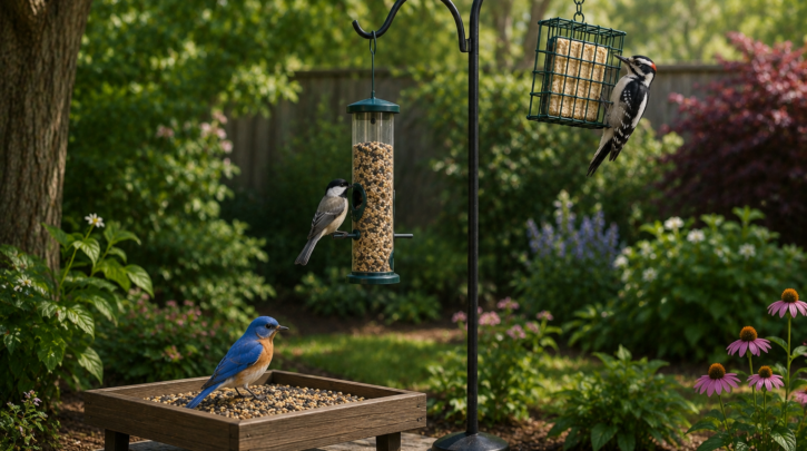 Illustration of a layered multi-feeder bird station