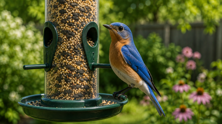 Illustration of a healthy bird at a well-maintained feeder