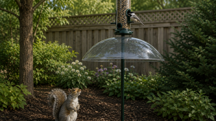Illustration of a squirrel-proof feeder setup with a baffle blocking access
