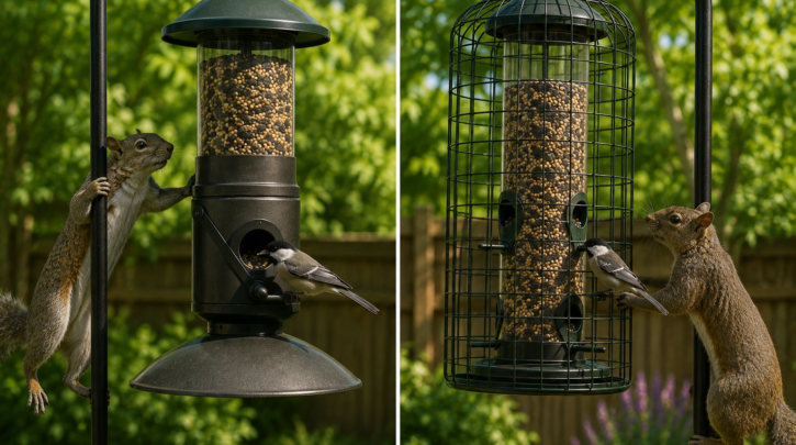 Illustration comparing weight-activated and caged squirrel-proof feeder mechanisms