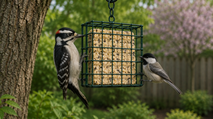 Illustration of birds feeding on a suet cake at a suet cage feeder