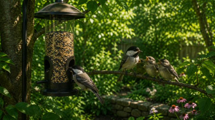 Illustration of a shaded summer bird feeding station