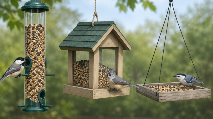 Illustration comparing tube, hopper, and platform bird feeder designs