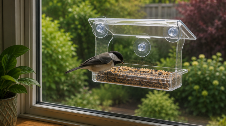 Illustration of a bird feeding at a window-mounted feeder
