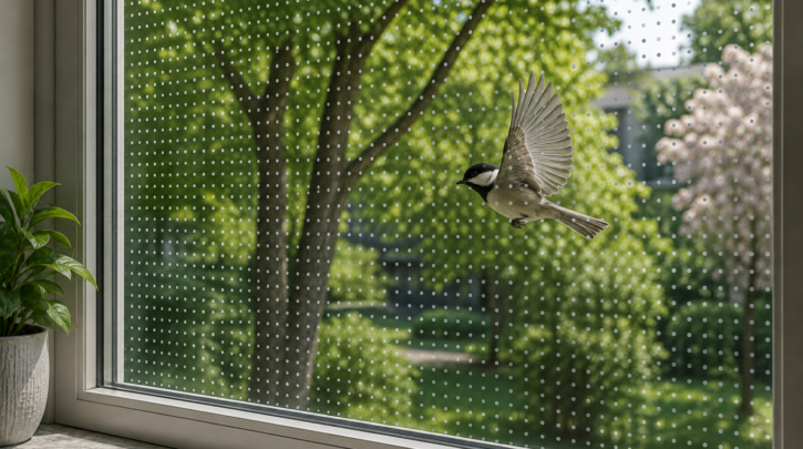 Illustration of window decals spaced closely enough to prevent bird strikes