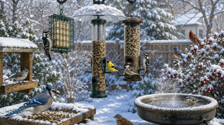 Illustration of a well-maintained winter bird feeding station